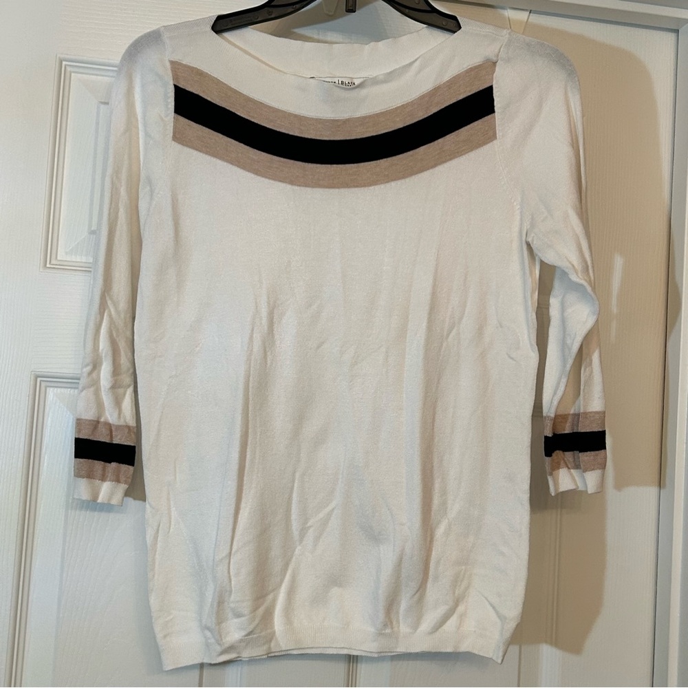 White House Black Market White Knit Sweater with Black and Beige Stripes Size S